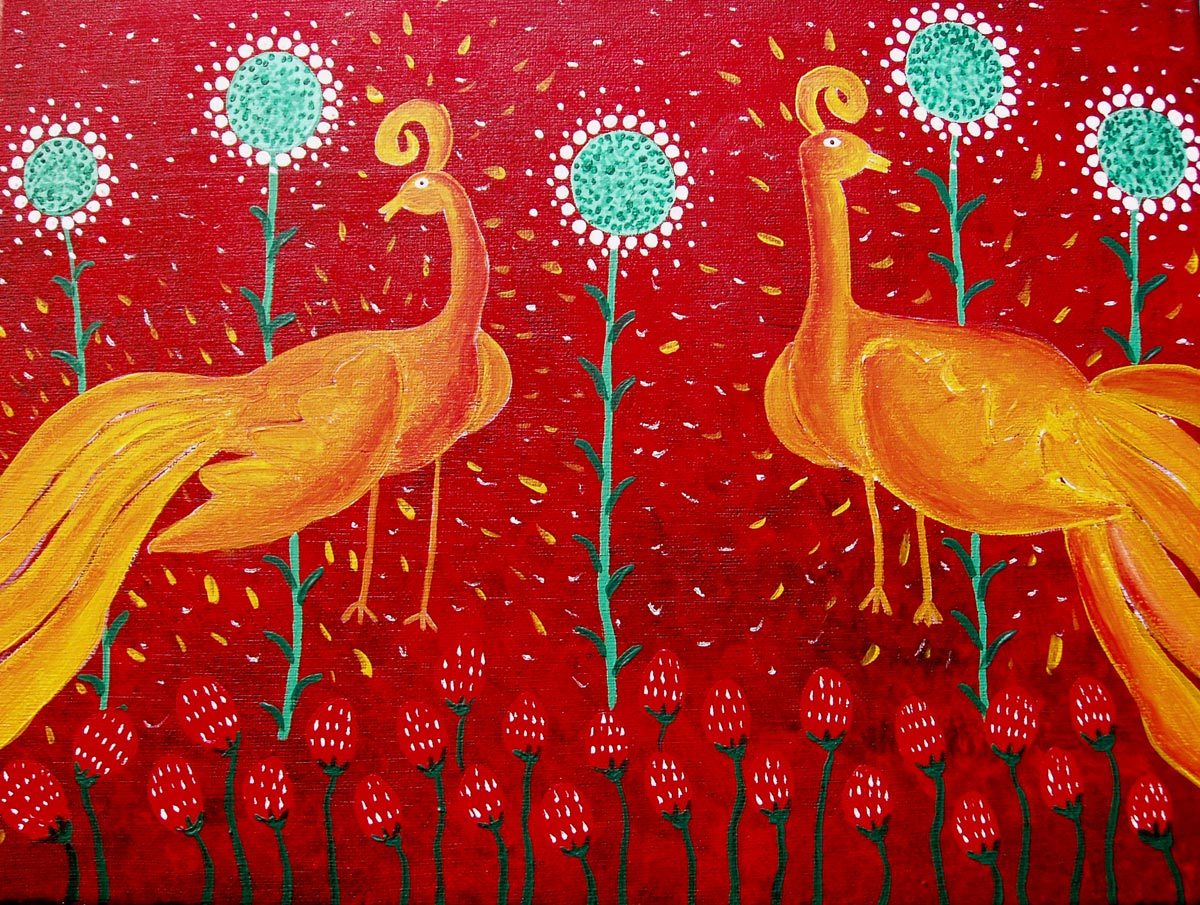 Birds in the garden, SOLD, 30 x 40, acrylic on canvas